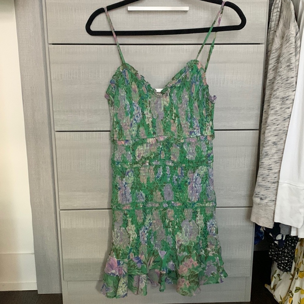 Olivaceous smocked ruffle printed mini dress - S/M